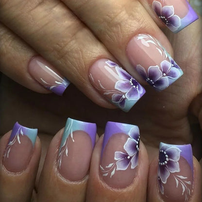 24pcs Sweet Cool False Nails Gradient French Fake Nail Tips with Purple Flowers Design Short Square Press on Nails Colorful Nail