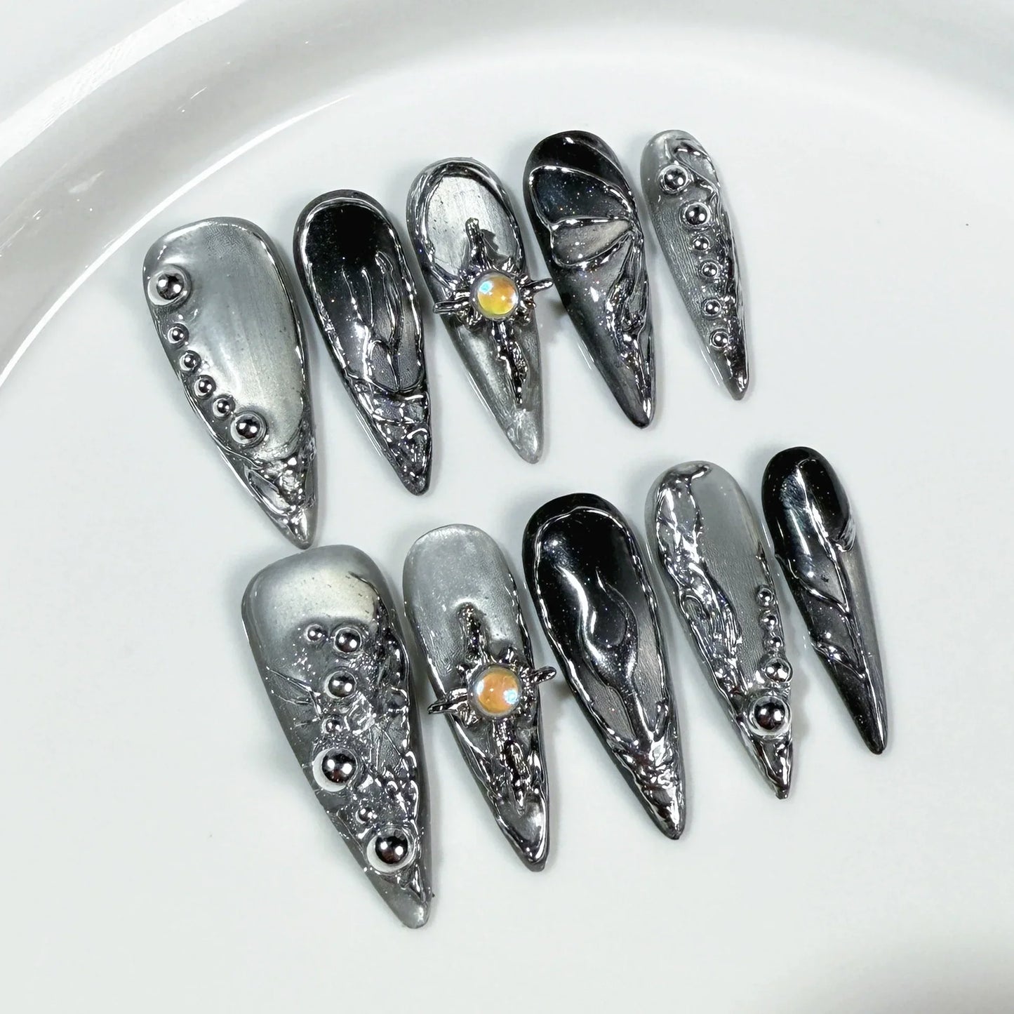 10Pcs Black Handmade Press On Nails Coffin Fake Nails Full Cover Gradient Metal Contrast Artificial Manicure Wearable Nail Tips