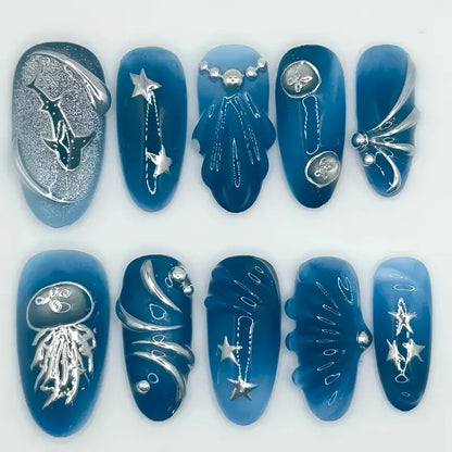 10pcs Handmade Fake Nail Art Ocean Seashell Design Blue Mid-length Oval False Nail Tips with Rhinestone Pearl Press on Nails Set