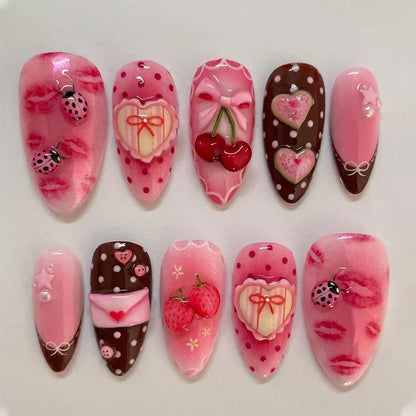 24PCS Wine Red Almond Press on Nails Cartoon Rabbit Bowknot with Plaid Pearl Designs French Fake Nails for Girls Detachable Nail