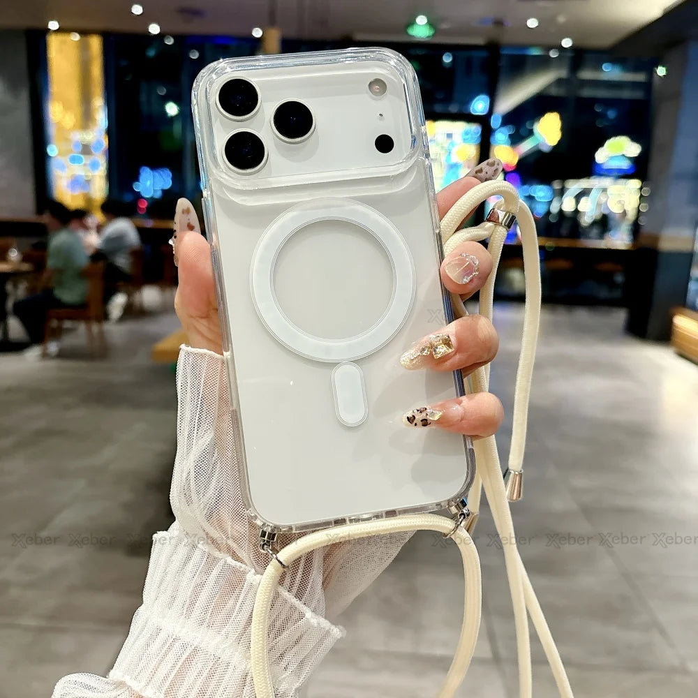 Crossbody Lanyard Necklace Rope Clear Case For iPhone 13 14 Plus 15 16 17 Pro Max For Magsafe Magnetic Wireless Charging Cover
