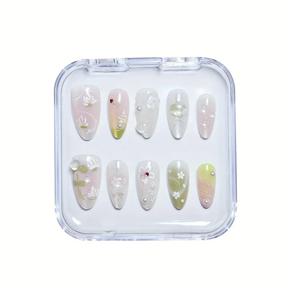 10pcs Handmade Press on Nails Cartoon Shark Pattern Design Fake Nails Wearable Detachable Ins Simple Almond Shaped False Nails