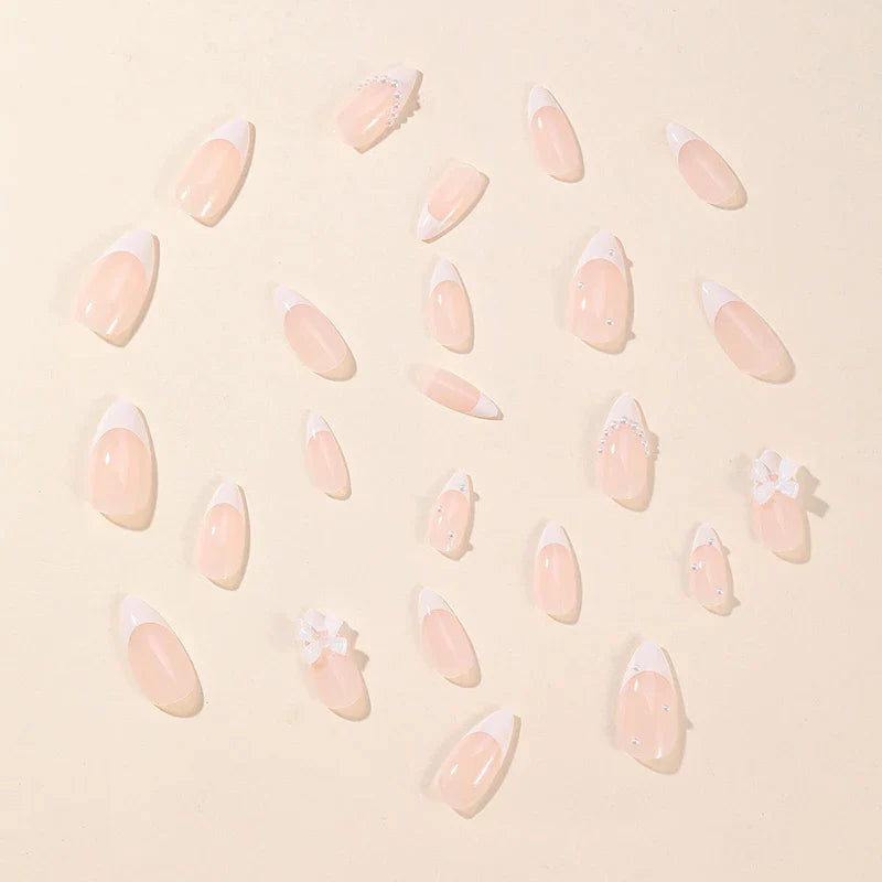 24Pcs Almond White French Press on Nails Pearl Bow False Nail Short Rhinestones Removable Nail stickers for Women and Girls