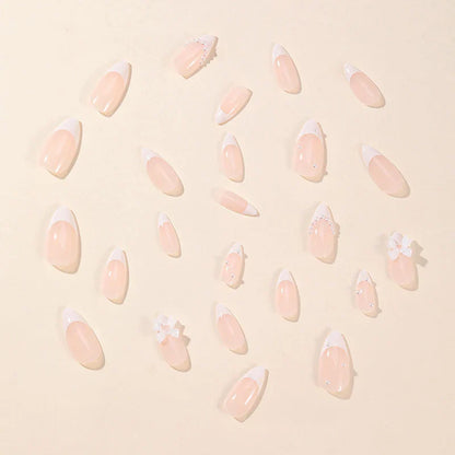 24Pcs Almond White French Press on Nails Pearl Bow False Nail Short Rhinestones Removable Nail stickers for Women and Girls