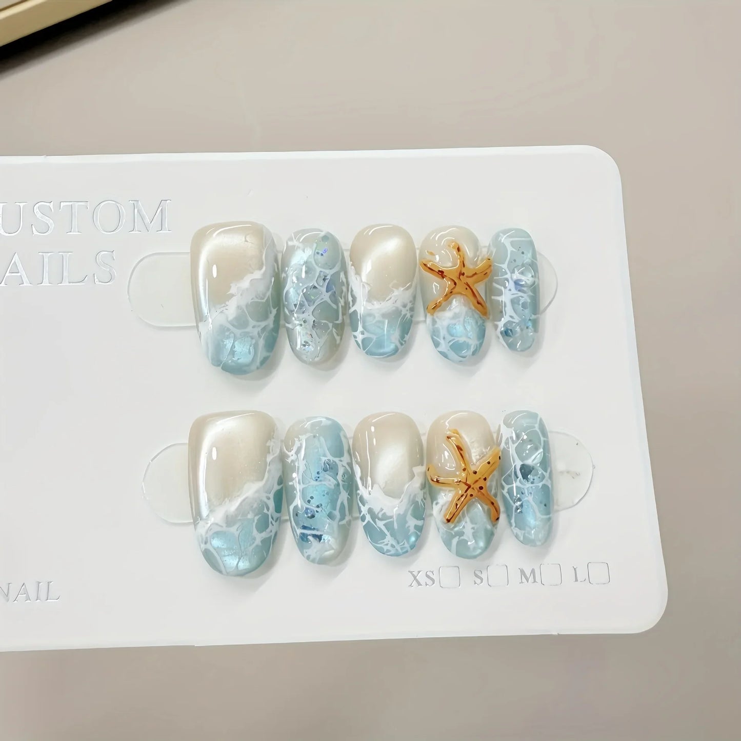 10pcs Handmade Press on Nails Summer Wave Ripple Starfish Full Coverage Nail Tips for Women&Girl Detachable Wearable Nail
