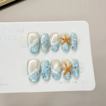 10pcs Handmade Press on Nails Summer Wave Ripple Starfish Full Coverage Nail Tips for Women&Girl Detachable Wearable Nail