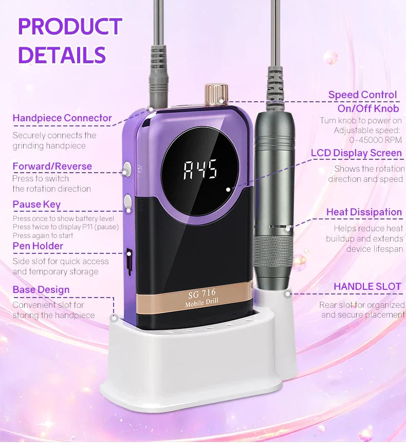 DianaBeauty 45000RPM Rechargeable Nail Drill Machine Desktop Polishing Machine Electric Nail File 1800mAh Battery Nail Tools