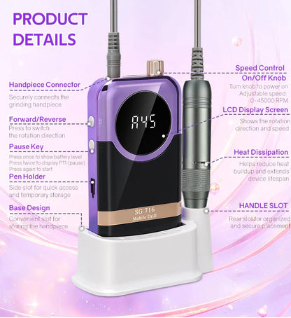 DianaBeauty 45000RPM Rechargeable Nail Drill Machine Desktop Polishing Machine Electric Nail File 1800mAh Battery Nail Tools