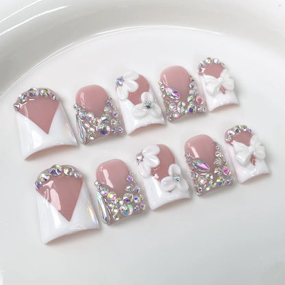 10pcs Pink Duckbill Handmade Press on Nails Art Simple White French Short Fake Nail Wearable Rhinestones Design False Nails Tips