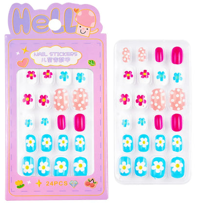 24Pcs/box Kids nails for Girl Cartoon Pattern False Nail Cute Child Fake Nails Tips Kawaii Acrylic Artificial Press on Nail+Tool