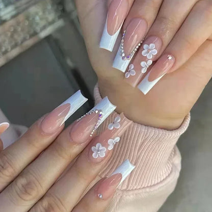 24Pcs Long Square False Nails Simple White French Fake Nails Wearable Ballet Coffin Full Cover Nail Tips Acrylic Press on Nails