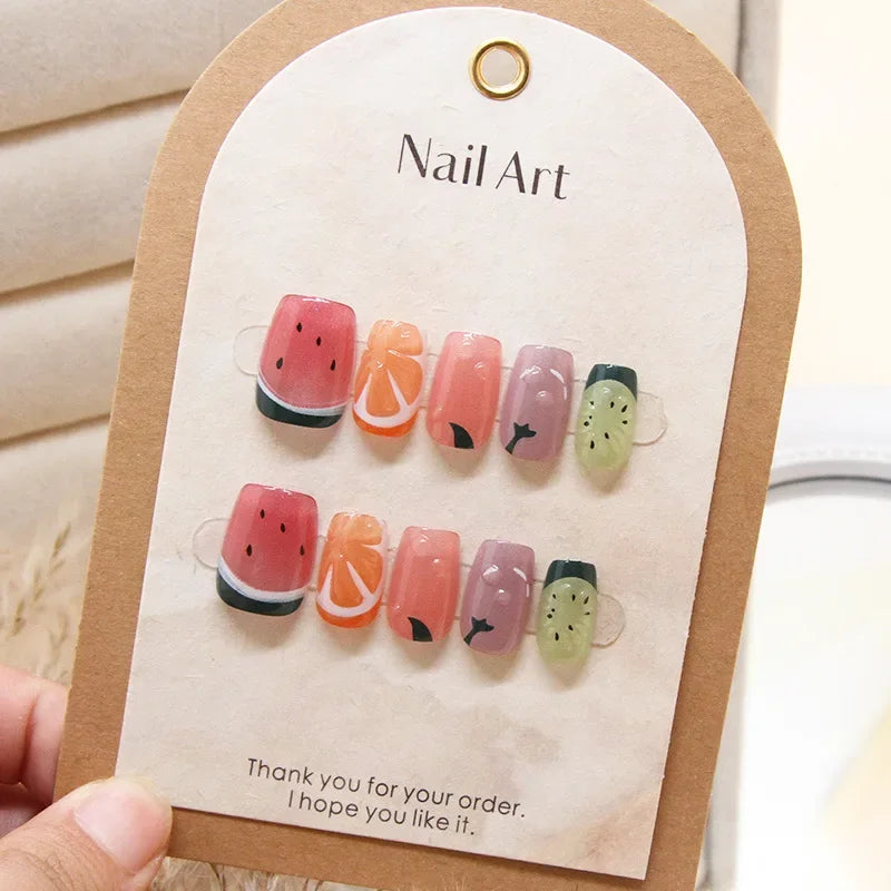 10Pcs Handmade Press on Nails Sweet Cute Fruit Full Cover Butterfly Rhinestone Short Square Ballerina Wearable Fake Nails Tips