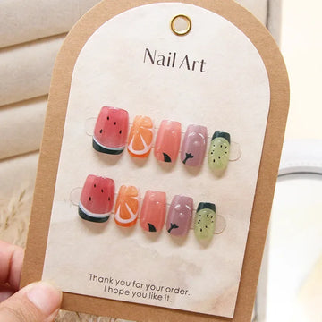 10Pcs Handmade Press on Nails Sweet Cute Fruit Full Cover Butterfly Rhinestone Short Square Ballerina Wearable Fake Nails Tips