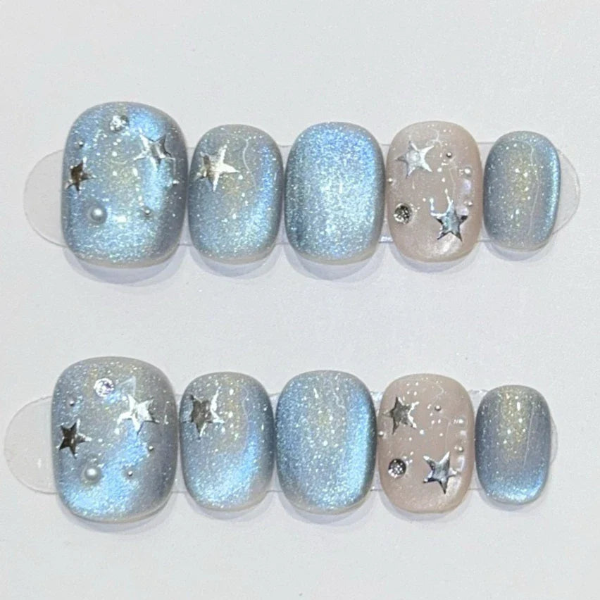 10Pcs Cat Eye Short Handmade Press On Nails Full Cover Rhinestone Butterfly Design Pink False Nails Manicure Wearable Nail Tips