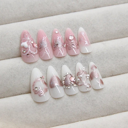 24Pcs/set Sweet Bow False Nails Press On Nails Fake Nails Kit Artificial Art Nails Finger DIY Manicure For Women And Girls