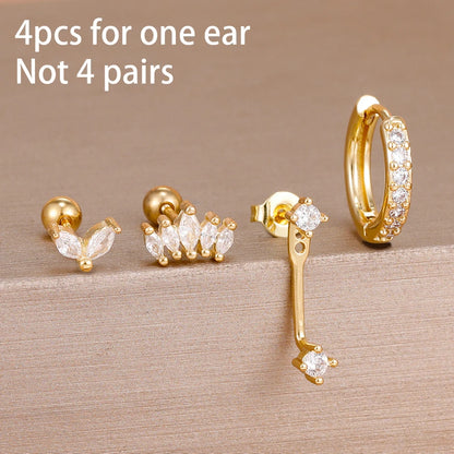 4PCS Stainless Steel Circle Huggie Hoop Earrings Set for Women Gold Color Unique Zircon Flower Stud Earring Piercing Jewelry