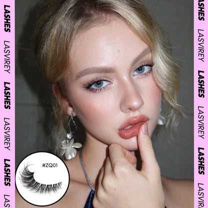 LASVIREY Cat Eye Lashes Natural Fluffy False Eyelashes Soft Wispy Natural Long Faux Mink Lashes Clear Band Lashes Extension