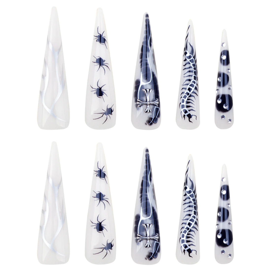 24pcs Spicy Girl Press on Nails Y2k Sliver Flame Black Spider Long Pointed False Nails European Crocodile Pattern Fake Nail Tips