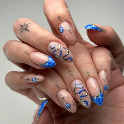 24Pcs Stiletto Press on Nails Glitter Almond False Nails French Tip Fake Nails with Glue Detachable Full Cover Acrylic Nail Tips