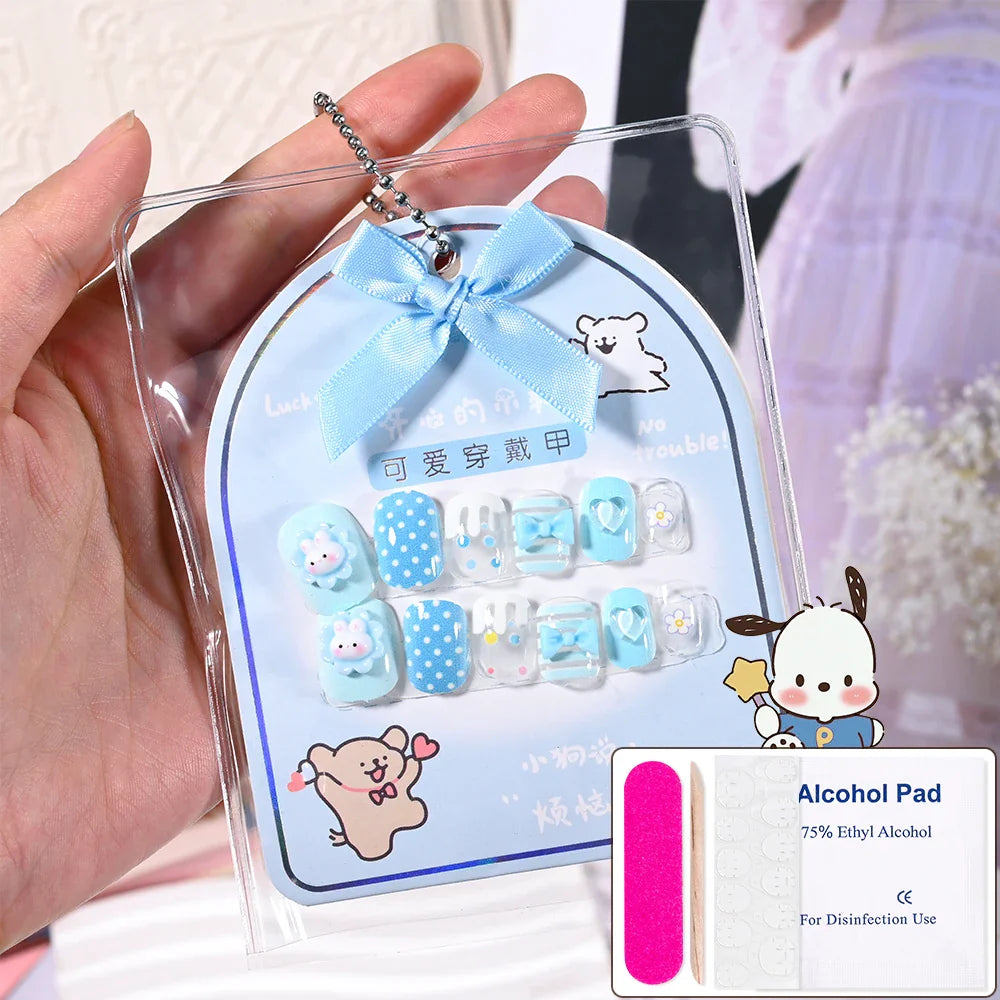 12pcs Kids 3D Stereo Sanrio Fake Nails Patch Sweet Girls Cute Cartoon Hello Kitty press on nails Kuromi Child Wearable FalseNail