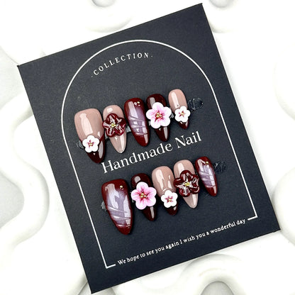 10pcs Handmade Press On Nails Baroque Bowknot Design False Nails Wearable Crystal Red French Almond Shaped Fake Nail Tips