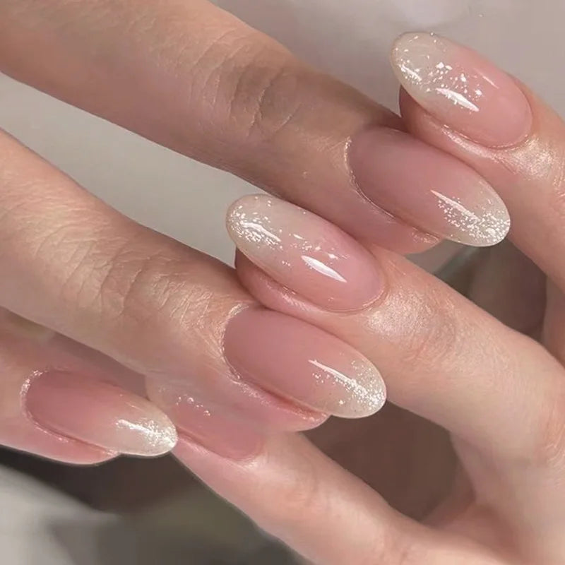 24Pcs Long Almond Fake Nails with White Edge Design Wearable French Press on False Nails Simple Full Cover Nail Tips Manicure