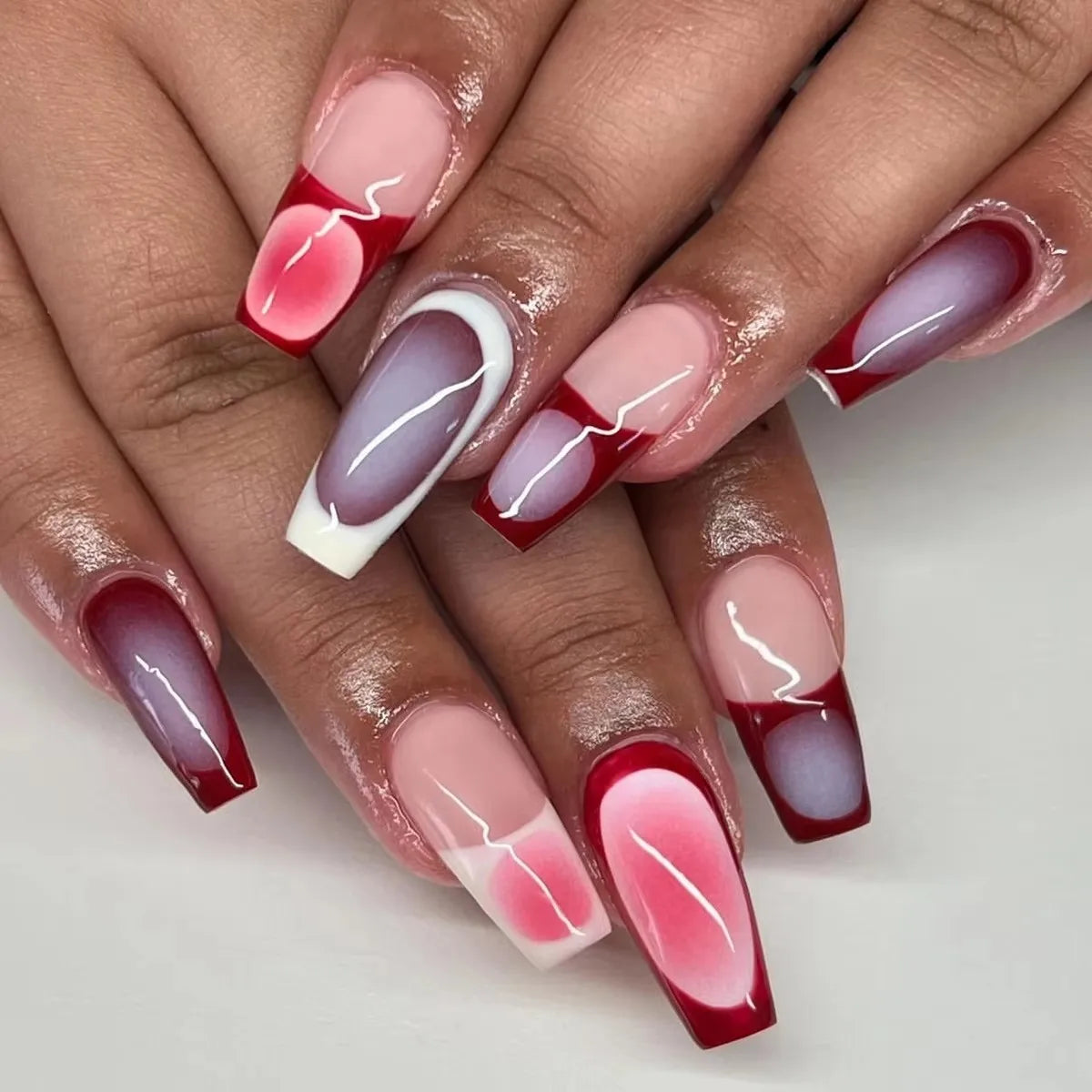 24pcs Blush French False Nails Fashionable Y2k Press On Nails Hand Painted Ballet Fake Nails Fashion Gradient Long Square Nails