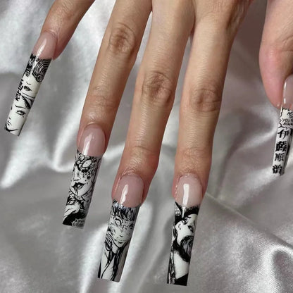 24pcs Black Spider Fake Nails y2k Punk Style Girls Painted False Nails Full Cover Wearable Japanese Almond Press On Nails Tips