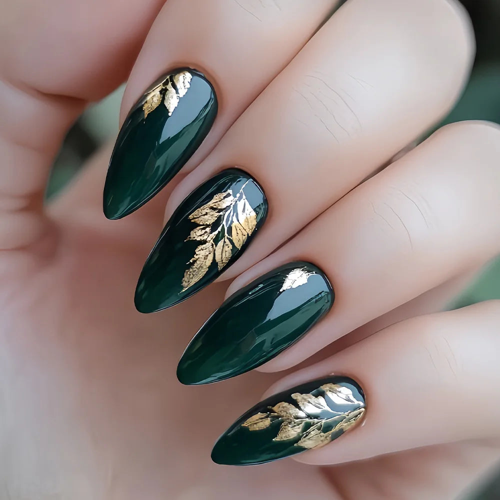 Medium Square Almond Shaped Wearable Fake Nails Autumn Winter Black Golden Purple Green Butterfly Flower tips press on nails