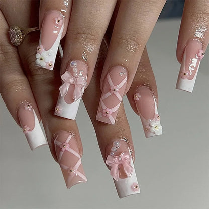 24Pcs Long Square False Nails Simple White French Fake Nails Wearable Ballet Coffin Full Cover Nail Tips Acrylic Press on Nails