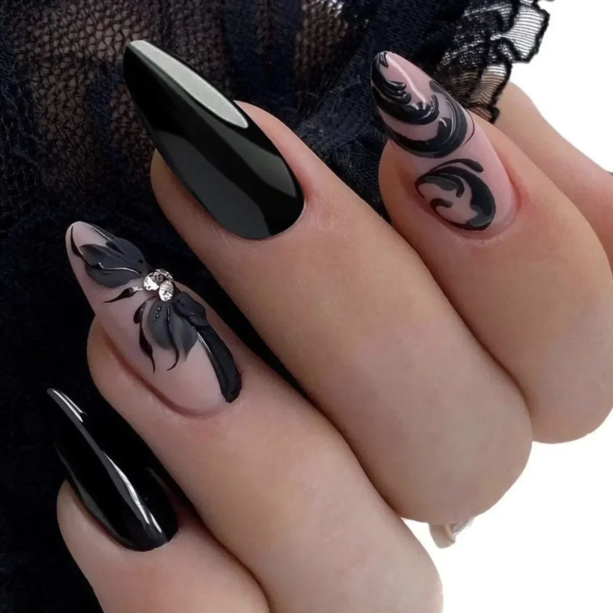 24pcs/Box Long Coffin False Nails Art Rose with Glue Wearable Nude Pink White Color Jelly Nails Tips Full Cover Press on Nails