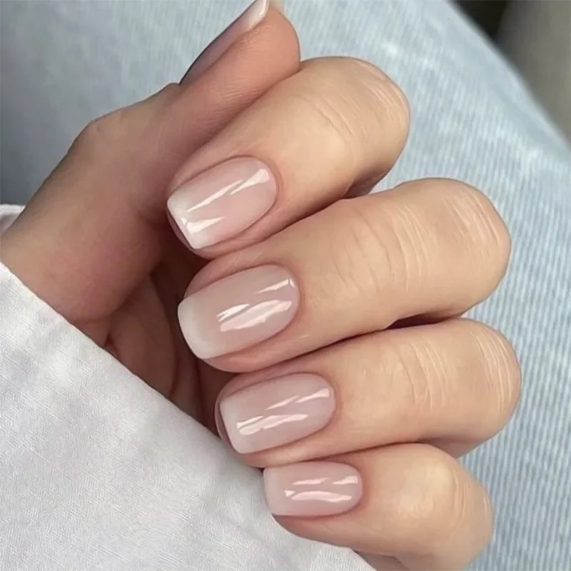Glossy Press on Nails Set Short Oval Shiny Gradient French Nail Art Design Reusable Full Cover Fake Nails with Glue for Girls