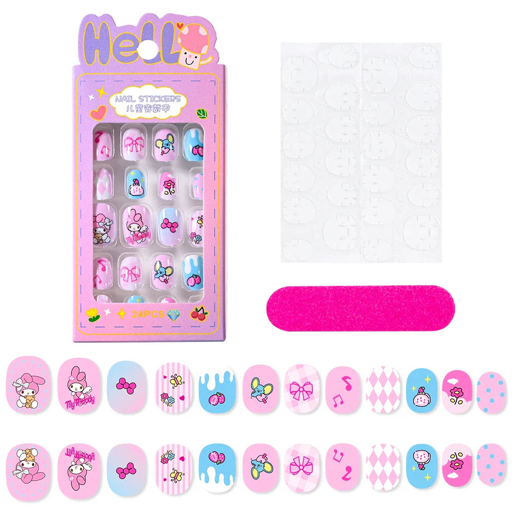 12pcs Kids 3D Stereo Sanrio Fake Nails Patch Sweet Girls Cute Cartoon Hello Kitty press on nails Kuromi Child Wearable FalseNail