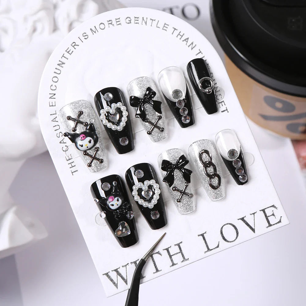 Sanrio Kawaii Pink My Melody Fake Nails 24Pc 3D kuromi Anime Cute Nail Patches False Nail Tips Cartoon Y2K Fashion Press on Nail