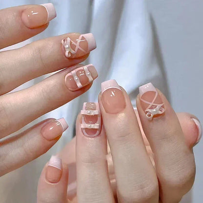 24Pcs Short Ballerina False Nail Tips with Pearl Detachable French Fake Nails Pink Cute Full Cover Press on Nails Manicure Tools