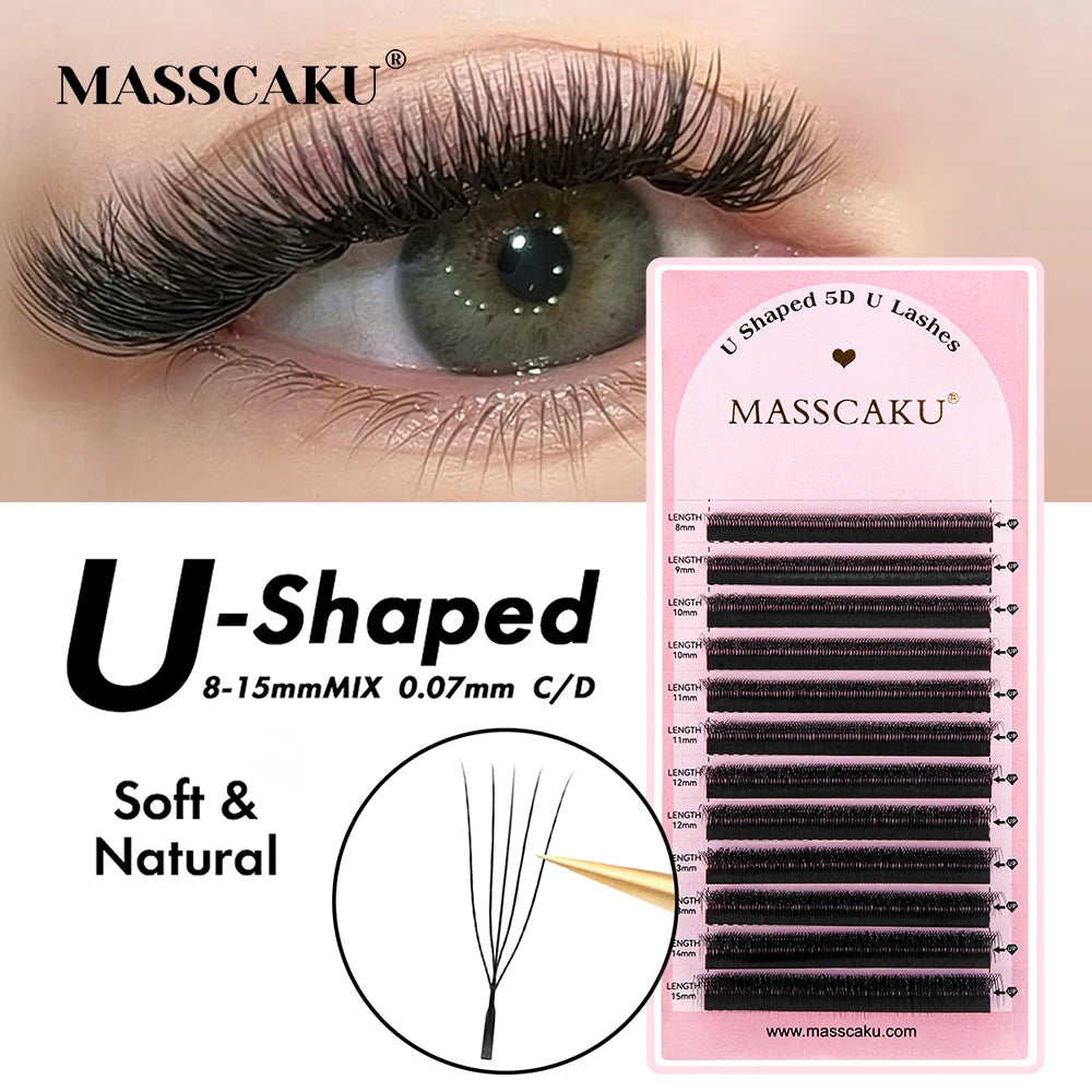 MASSCAKU U Shaped 4D 5D Eyelash Extensions 0.07mm Thickness Rapid Grafting Lightweight Durable Flat Root Lashes Makeup Products