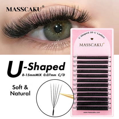 MASSCAKU U Shaped 4D 5D Eyelash Extensions 0.07mm Thickness Rapid Grafting Lightweight Durable Flat Root Lashes Makeup Products