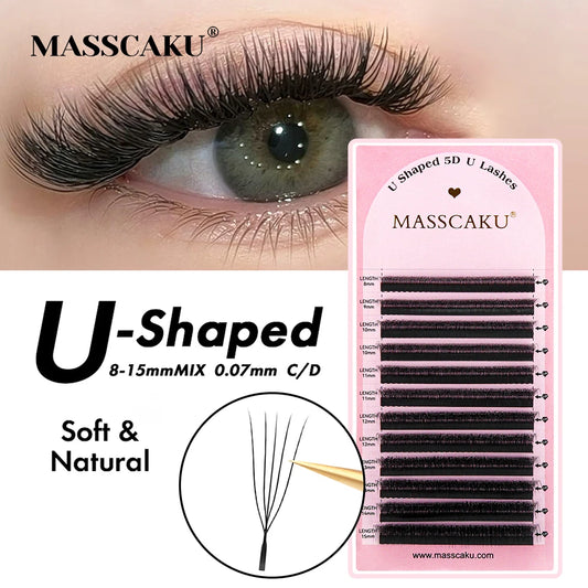 MASSCAKU U Shaped 4D 5D Eyelash Extensions 0.07mm Thickness Rapid Grafting Lightweight Durable Flat Root Lashes Makeup Products