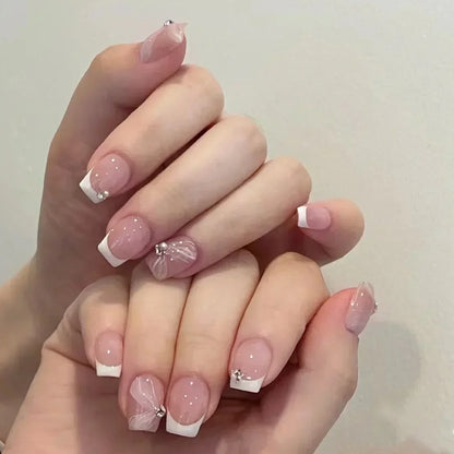 24Pcs Short Ballerina False Nail Tips with Pearl Detachable French Fake Nails Pink Cute Full Cover Press on Nails Manicure Tools