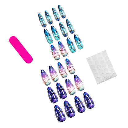 Medium fake nails for women gilrs gradient blue pink starry sky star moon Y2K design Almond nail tips press on false nail set