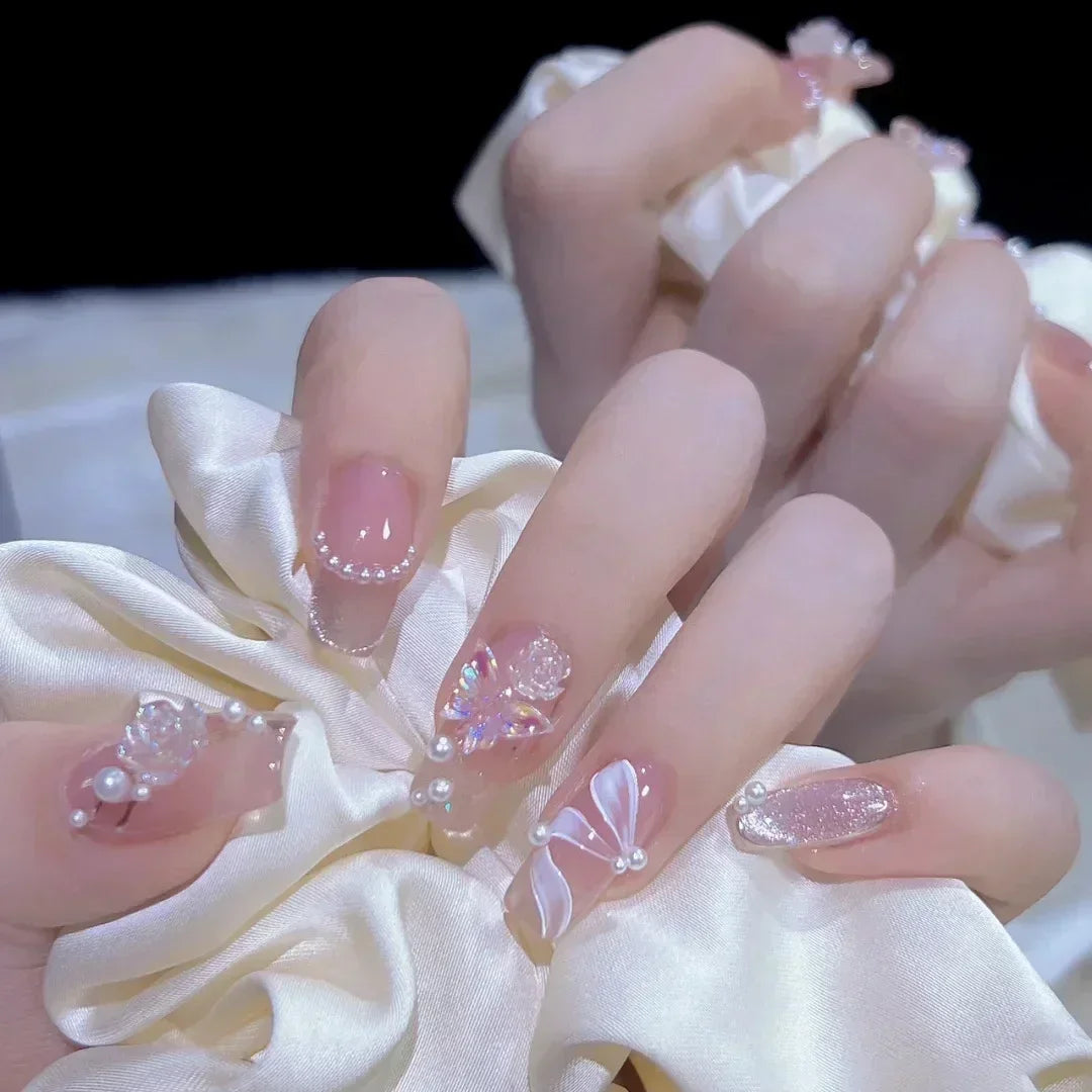 24Pcs Short Ballerina False Nail Tips with Pearl Detachable French Fake Nails Pink Cute Full Cover Press on Nails Manicure Tools