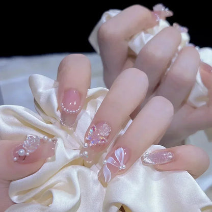 24Pcs Short Ballerina False Nail Tips with Pearl Detachable French Fake Nails Pink Cute Full Cover Press on Nails Manicure Tools