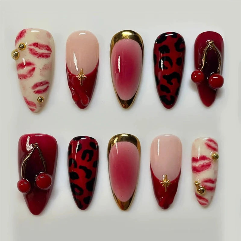 24Pcs Y2k Almond Acrylic Nails Full Cover 3D Diamond Black Nail Art Sweet Cool French Wearable Fake Nail Manicure Tips for Girls