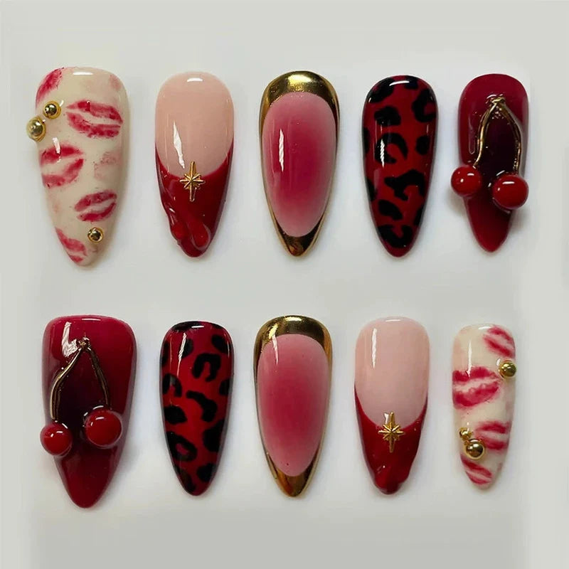 24Pcs Cyber Punk Style Almond False Nails Press on Pink Blush Full Cover Fake Nails 3D Ombre Wearable Acrylic Nail Manicure Tips