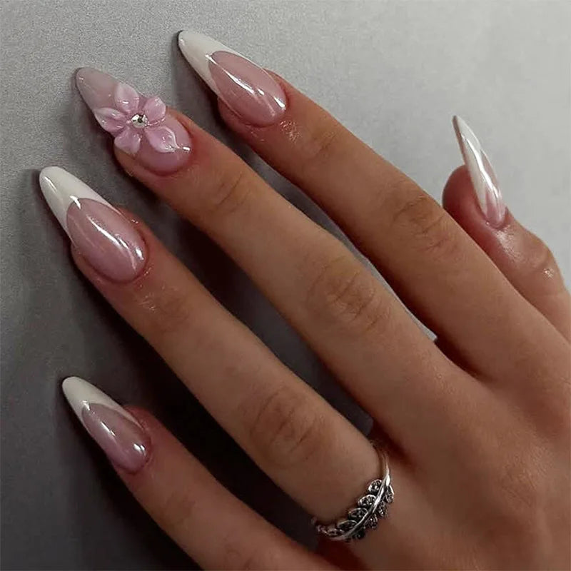 24pcs Mid-length Almond Press on Nails Sets Wearable Gradient Pink Flower Pearl Design False Nail French Fake Nail Finished Tips