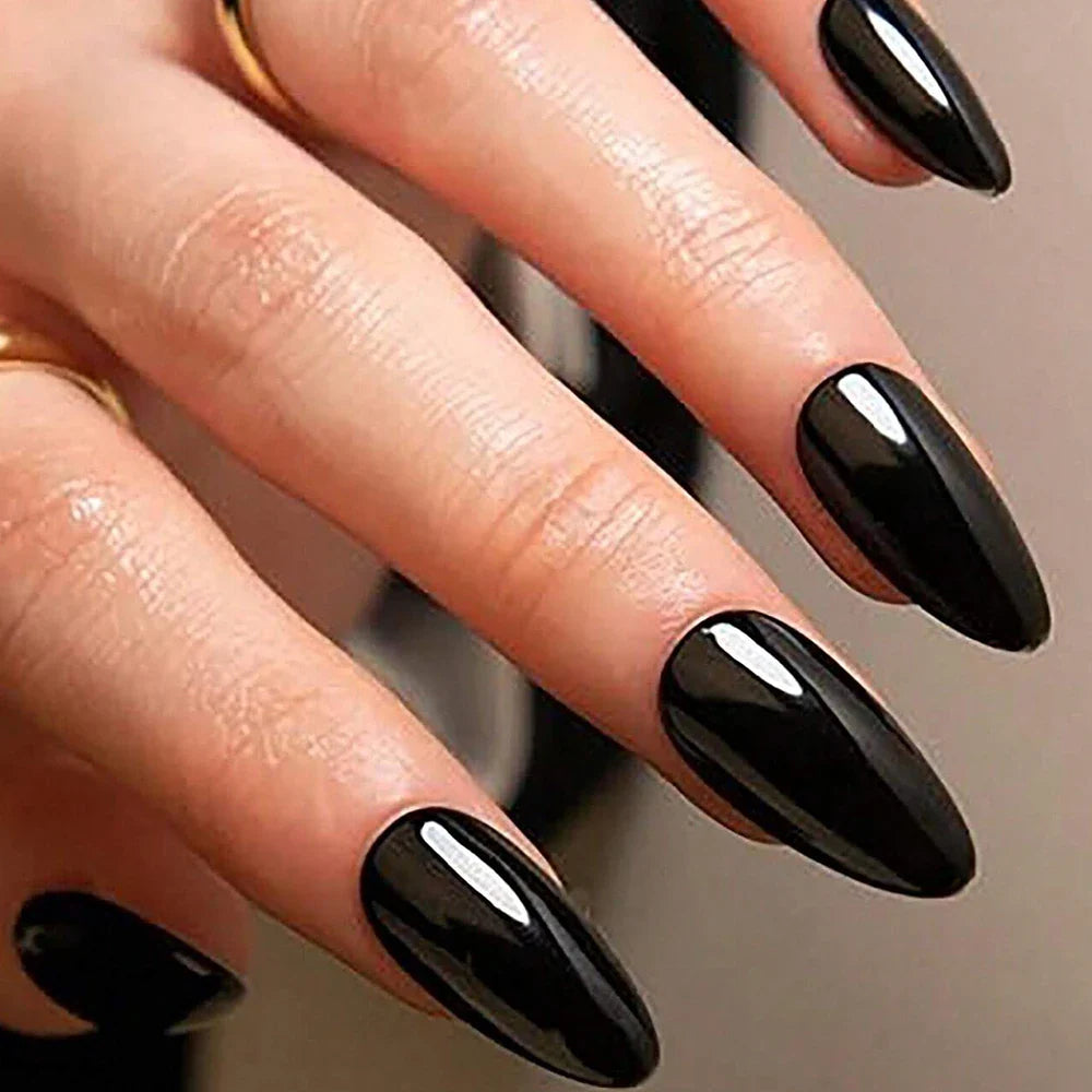 100pcs Black Almond Fake Nail Mid-length Solid Color Artificial Nail Removable Press On Nails Tip Almond Nail Art False Nail