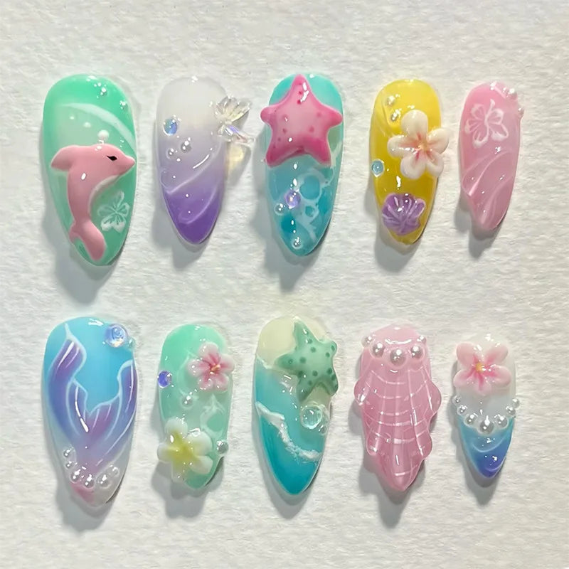 24pcs Cute False Nail Ocean Creature Pattern Stick on Nails Yellow French Short Almond Fake Nail Flower Design Press on Nails