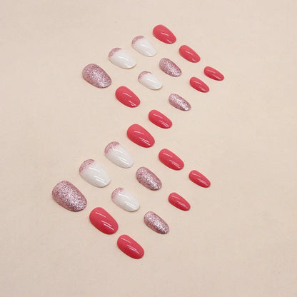 24 pcs short Oval French simple solid color Flash nails +1 nail glue +1 nail file