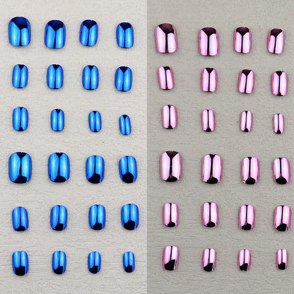 48 Pcs Gold Silver Mirror Chrome Kids Nails Press On Metalic False Nail Art Tips Pre-glue Short Oval Full Cover Fake Nails