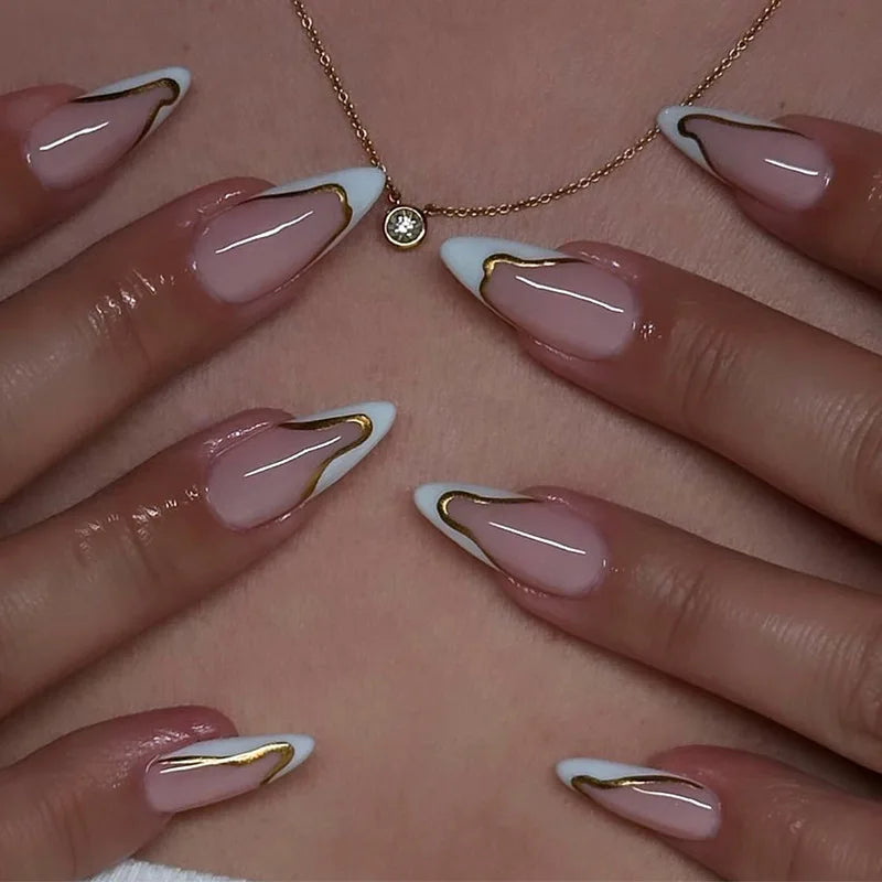 24Pcs Long Almond Fake Nails with White Edge Design Wearable French Press on False Nails Simple Full Cover Nail Tips Manicure